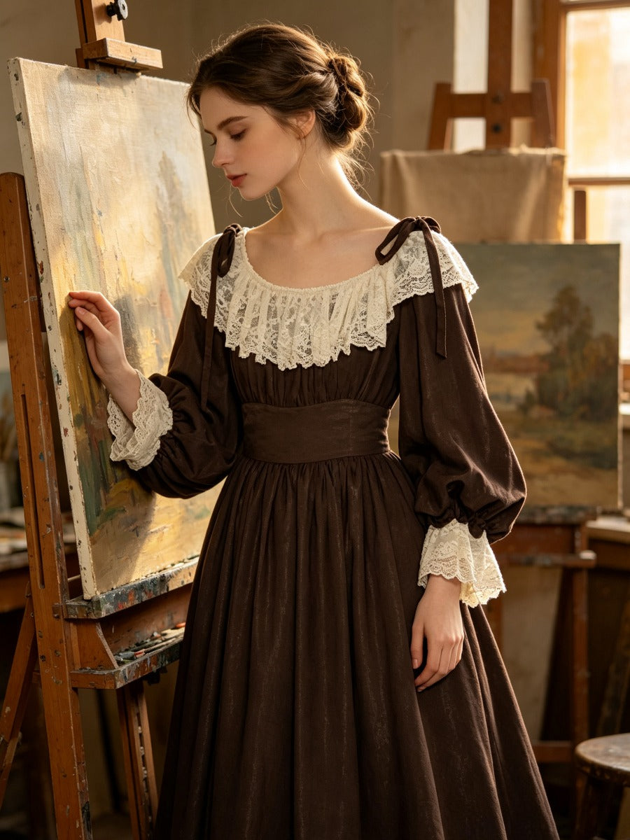 Vintage Victorian Dark Brown Maxi Dress, Lace Frill Collar Puff Sleeve Empire Waist Cottagecore Long Dress