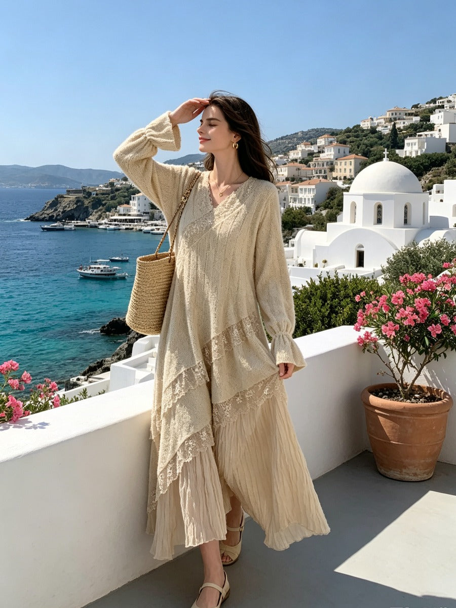 Beige French Vintage Lace Maxi Dress, V Neck Long Puff Sleeve Asymmetric Layered Flowy Bohemian Long Dress for Women