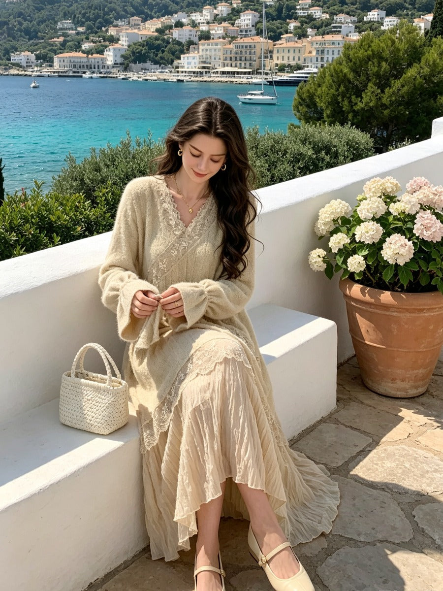 Beige French Vintage Lace Maxi Dress, V Neck Long Puff Sleeve Asymmetric Layered Flowy Bohemian Long Dress for Women