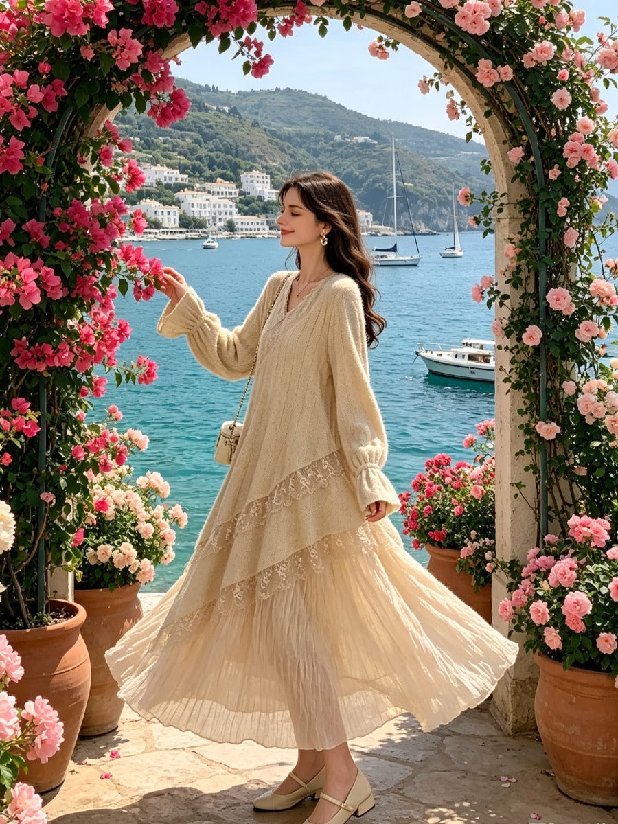 Beige French Vintage Lace Maxi Dress, V Neck Long Puff Sleeve Asymmetric Layered Flowy Bohemian Long Dress for Women