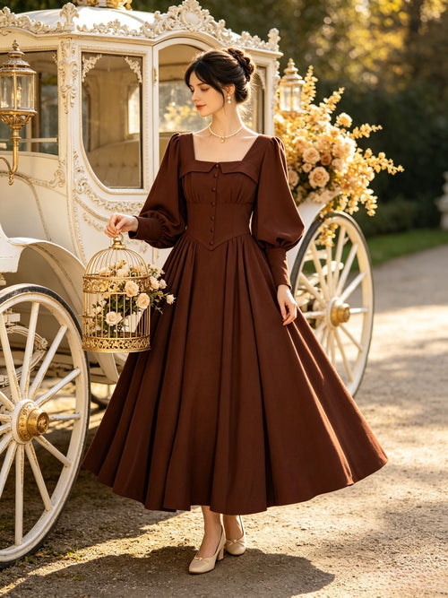 Retro Square Neck Corset Waist Maxi Dress, Long Balloon Sleeve Vintage Dress