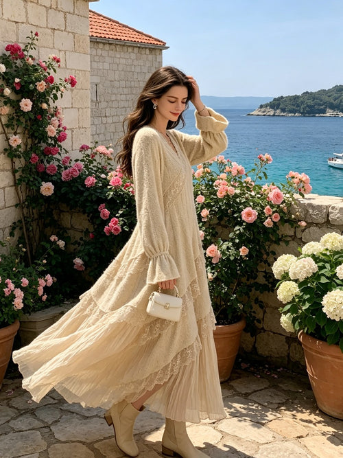 Beige French Vintage Lace Maxi Dress, V Neck Long Puff Sleeve Asymmetric Layered Flowy Bohemian Long Dress for Women