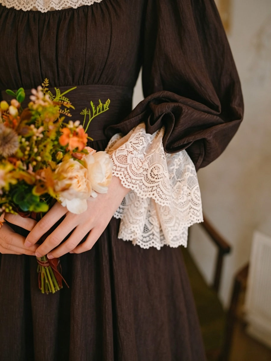 Vintage Victorian Dark Brown Maxi Dress, Lace Frill Collar Puff Sleeve Empire Waist Cottagecore Long Dress