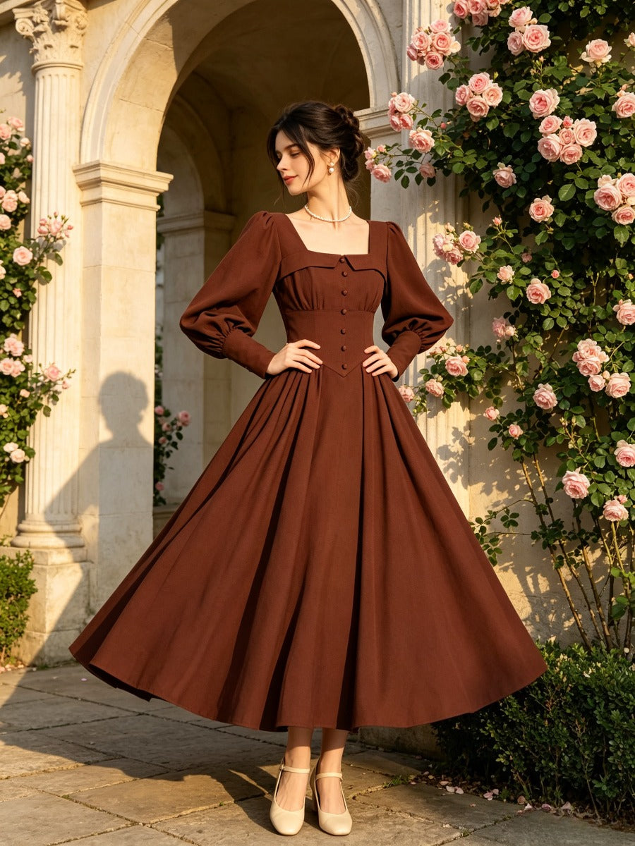 Retro Square Neck Corset Waist Maxi Dress, Long Balloon Sleeve Vintage Dress