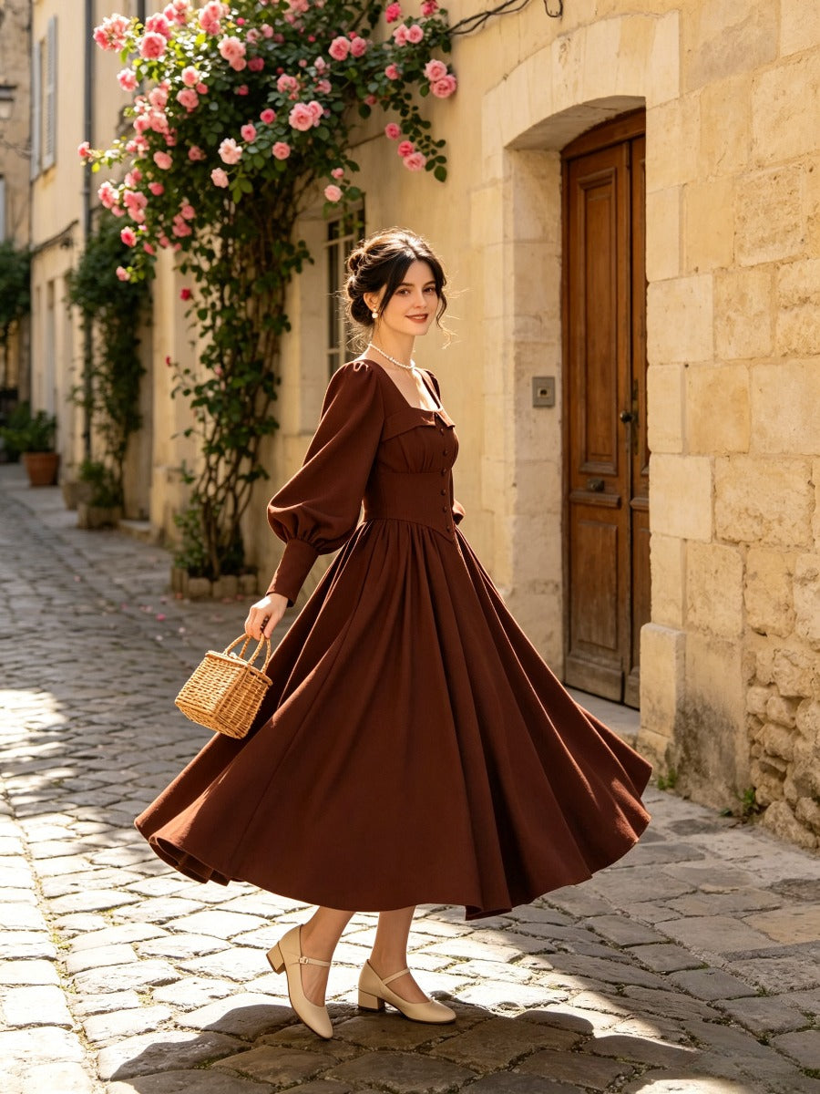 Retro Square Neck Corset Waist Maxi Dress, Long Balloon Sleeve Vintage Dress