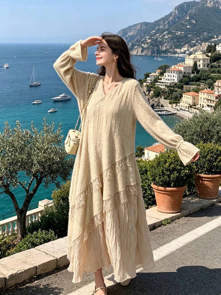 Beige French Vintage Lace Maxi Dress, V Neck Long Puff Sleeve Asymmetric Layered Flowy Bohemian Long Dress for Women