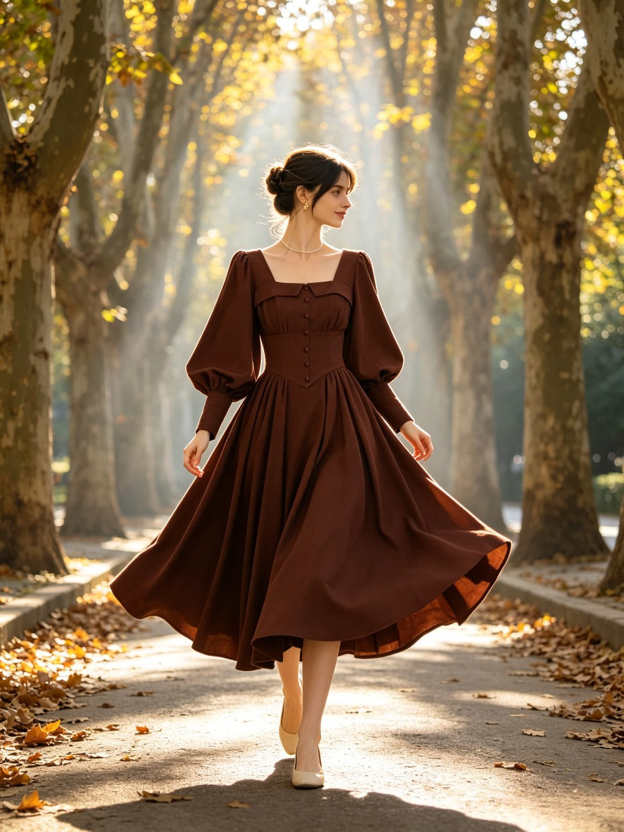 Retro Square Neck Corset Waist Maxi Dress, Long Balloon Sleeve Vintage Dress