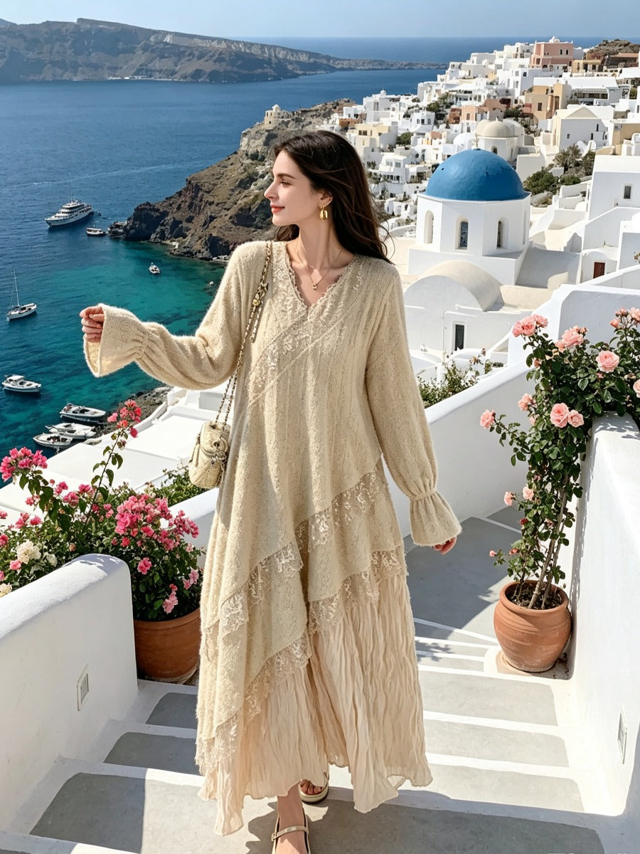 Beige French Vintage Lace Maxi Dress, V Neck Long Puff Sleeve Asymmetric Layered Flowy Bohemian Long Dress for Women