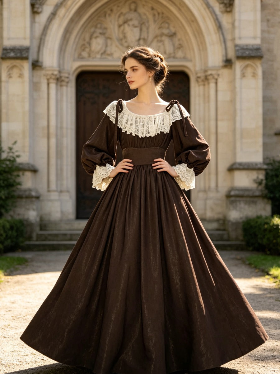 Vintage Victorian Dark Brown Maxi Dress, Lace Frill Collar Puff Sleeve Empire Waist Cottagecore Long Dress
