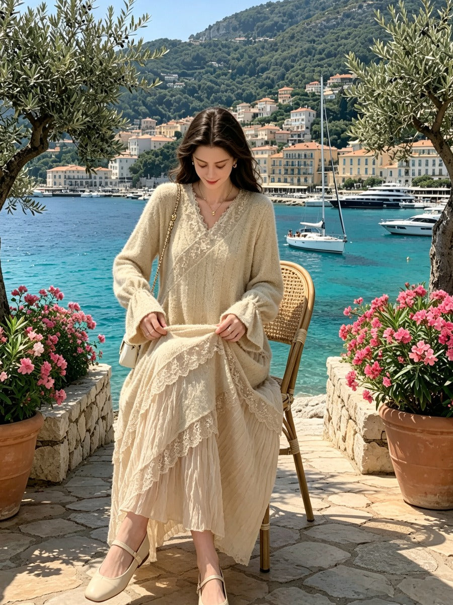 Beige French Vintage Lace Maxi Dress, V Neck Long Puff Sleeve Asymmetric Layered Flowy Bohemian Long Dress for Women
