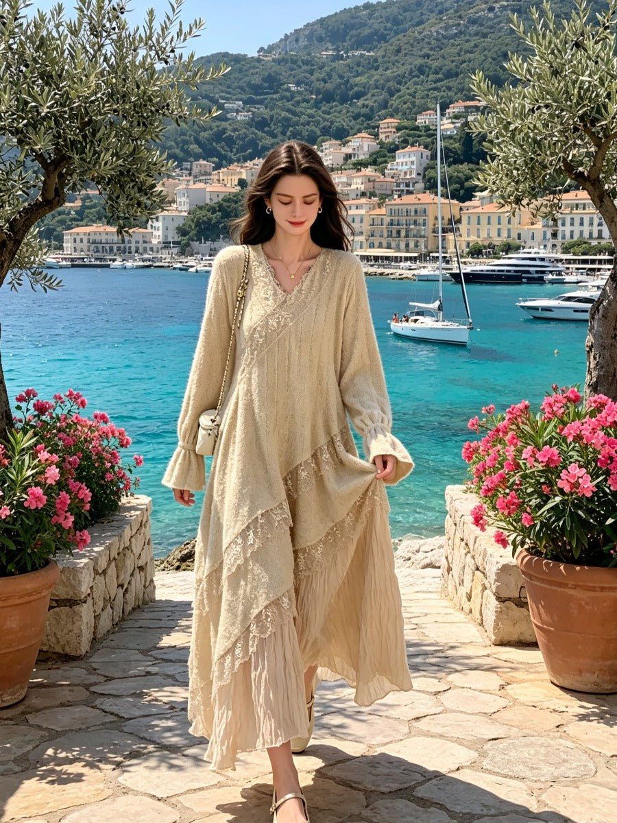 Beige French Vintage Lace Maxi Dress, V Neck Long Puff Sleeve Asymmetric Layered Flowy Bohemian Long Dress for Women