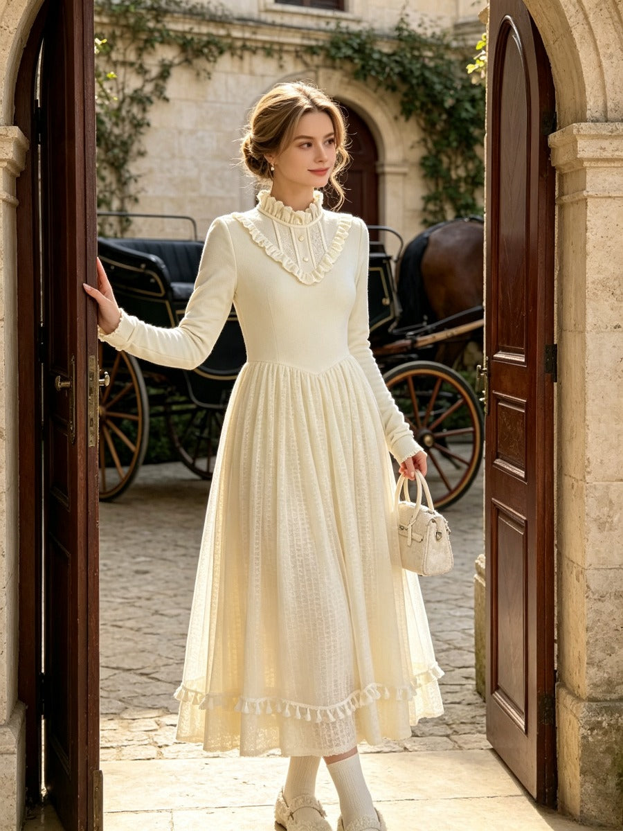 Vintage Victorian Ruffle Midi Dress, Stand Collar Long Sleeve Lace Tulle Maxi Dress, Elegant Cottagecore White Dress for Women