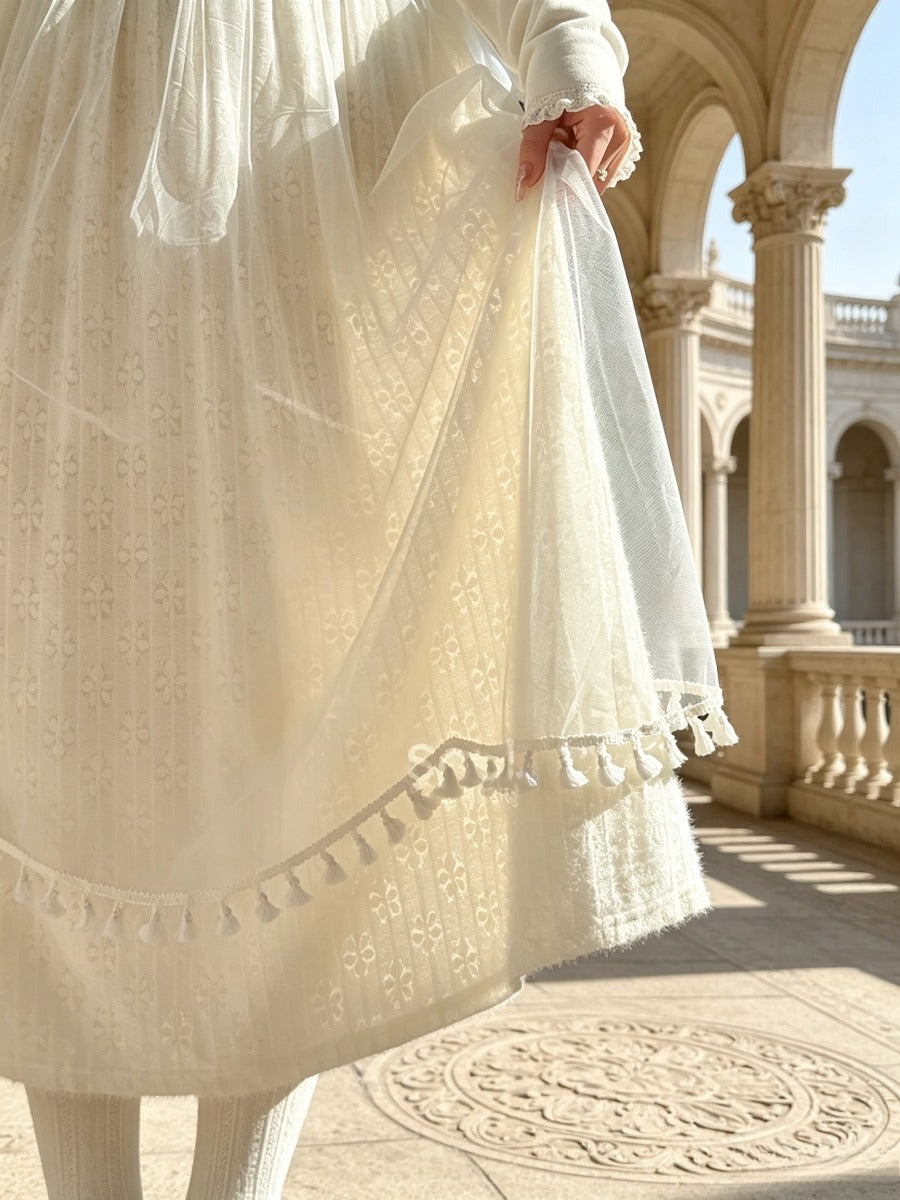 Vintage Victorian Ruffle Midi Dress, Stand Collar Long Sleeve Lace Tulle Maxi Dress, Elegant Cottagecore White Dress for Women