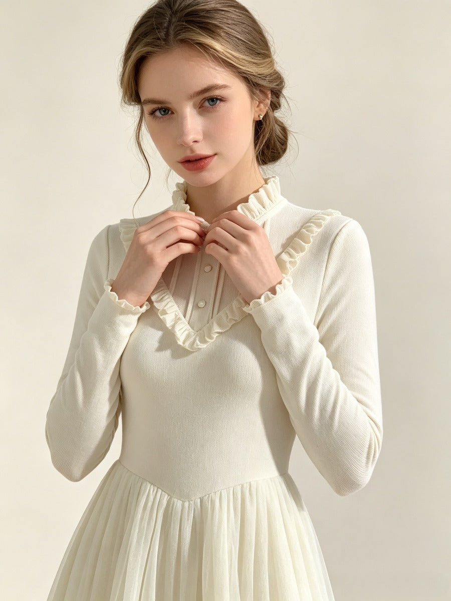 Vintage Victorian Ruffle Midi Dress, Stand Collar Long Sleeve Lace Tulle Maxi Dress, Elegant Cottagecore White Dress for Women