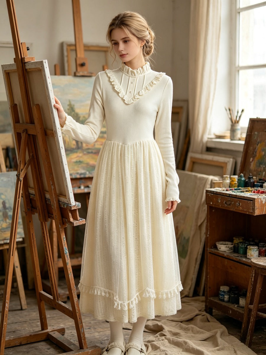 Vintage Victorian Ruffle Midi Dress, Stand Collar Long Sleeve Lace Tulle Maxi Dress, Elegant Cottagecore White Dress for Women