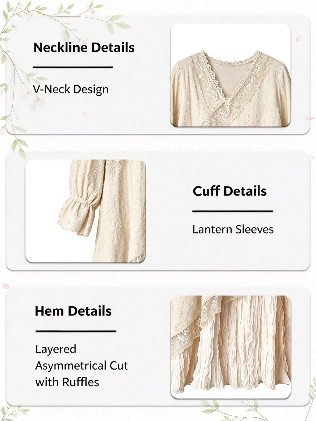 Beige French Vintage Lace Maxi Dress, V Neck Long Puff Sleeve Asymmetric Layered Flowy Bohemian Long Dress for Women