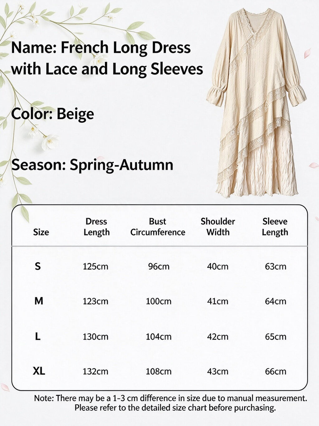 Beige French Vintage Lace Maxi Dress, V Neck Long Puff Sleeve Asymmetric Layered Flowy Bohemian Long Dress for Women