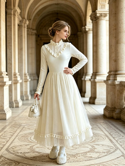 Vintage Victorian Ruffle Midi Dress, Stand Collar Long Sleeve Lace Tulle Maxi Dress, Elegant Cottagecore White Dress for Women